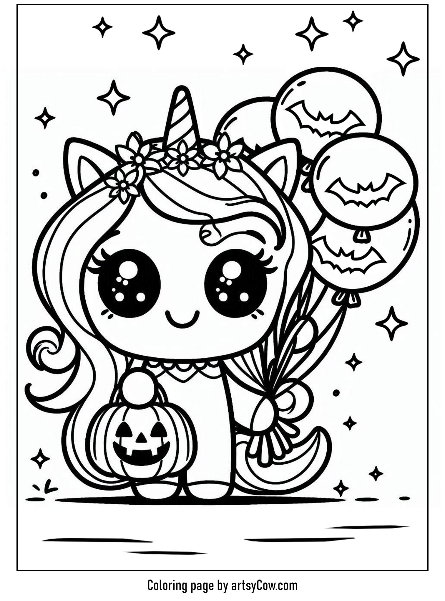 Halloween coloring pages with unicorn 2 featuring a cute unicorn holding Halloween balloons with bat designs, surrounded by stars and holding a jack-o-lantern.